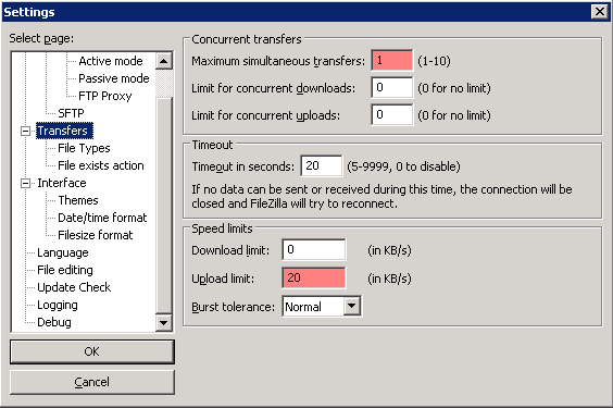 filezilla settings to optimise upload speed